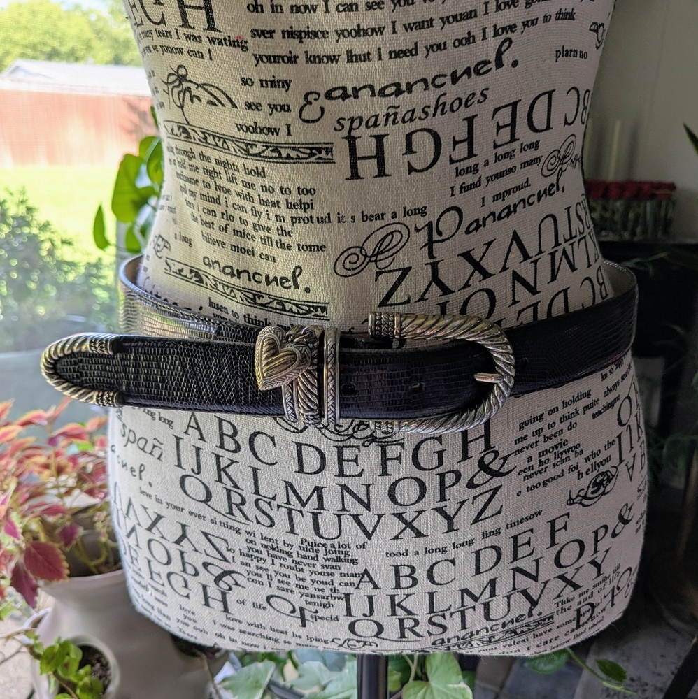 Brighton Black Reptile Embossed Belt With Silver Buckle & Heart Charm -M